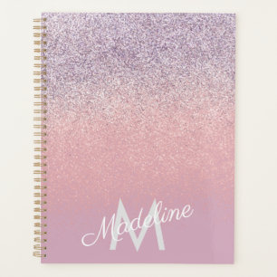 Agenda Faux rosa y purpura brillo purpurina monograma 