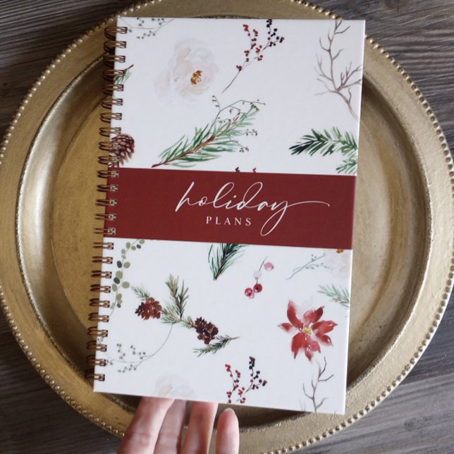 Agenda Festividades de los Navidades Boho Poinsettia Pine (Boho Christmas Planner - Poinsettia, Pine, Pinecones, Burgundy Woodsy Holiday)