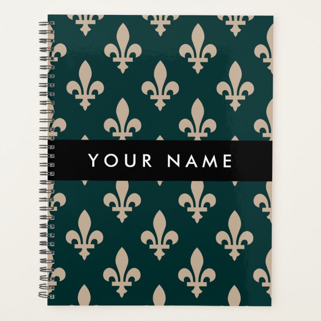 Agenda Fleur de Lis, Beige on Green, Royal, Your Name (Anverso)