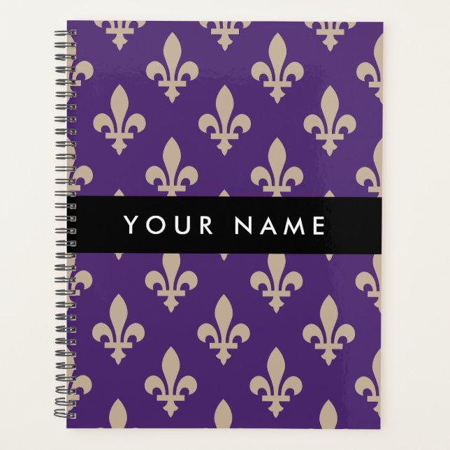 Agenda Fleur de Lis, Beige on Purple, Royal, Your Name (Anverso)