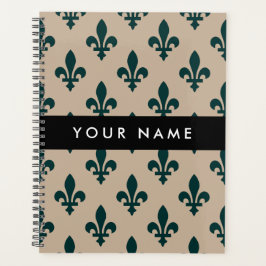 Agenda Fleur de Lis, Green on Beige, Royal, Your Name