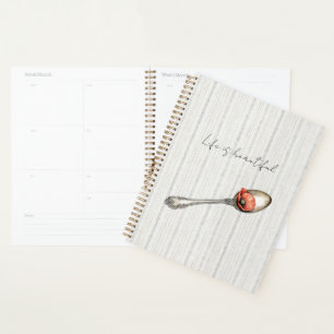 Agenda Flor de amapola roja en cuchara gris crema rayas b