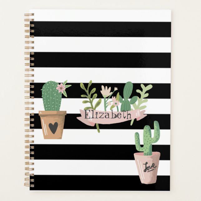 Agenda Flor de Cactus Rayas Blancas y Negras (Anverso)