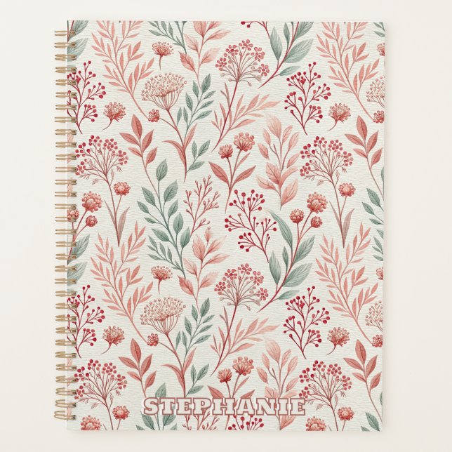 Agenda Flor de cerezo rosa, patrón de flores y hojas (Anverso)