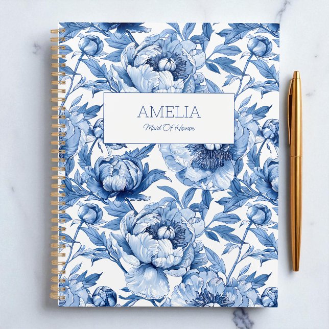 Agenda Flor De Flor Azul Chinoiserie Nombre Moderno Sin F (Blue Floral Chinoiserie Flower Name Modern Undated Planner Bridal shower Bridesmaid)