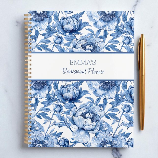 Agenda Flor de nombre personal de la dama de honor floral (Blue Floral Bridesmaid Personalized Name Flower Planner)
