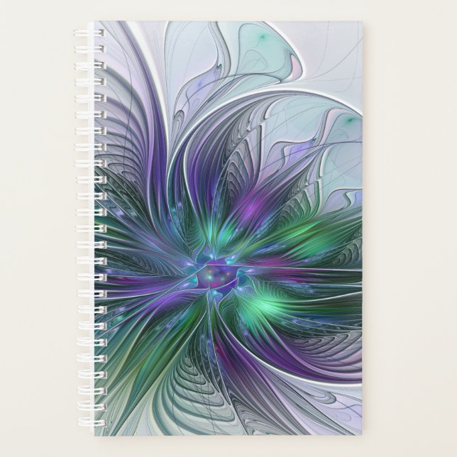 Agenda Flor moderna abstracta fractal verde morado (Anverso)