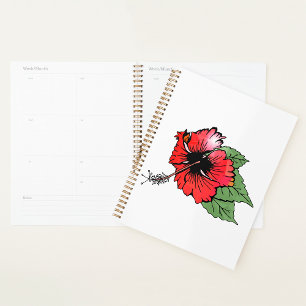 Agenda Flor tropical roja hibiscus con hojas verdes