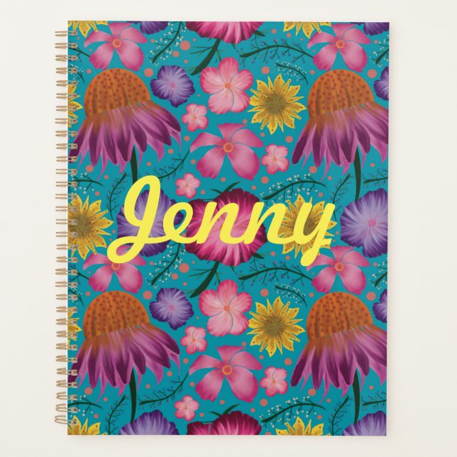 Agenda Flora de flores silvestres turquesa personalizada (Anverso)