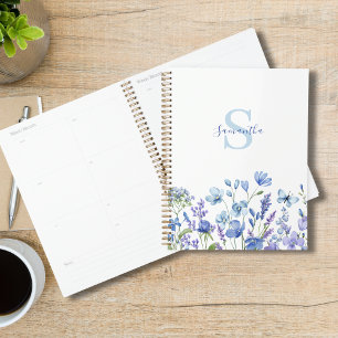 Agenda Floral Acuarela Flor Silvestre Azul Personalizada