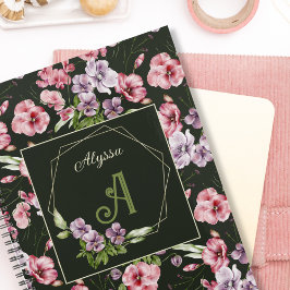 Agenda Floral acuarela Monogramado Nombre Elegante Negro