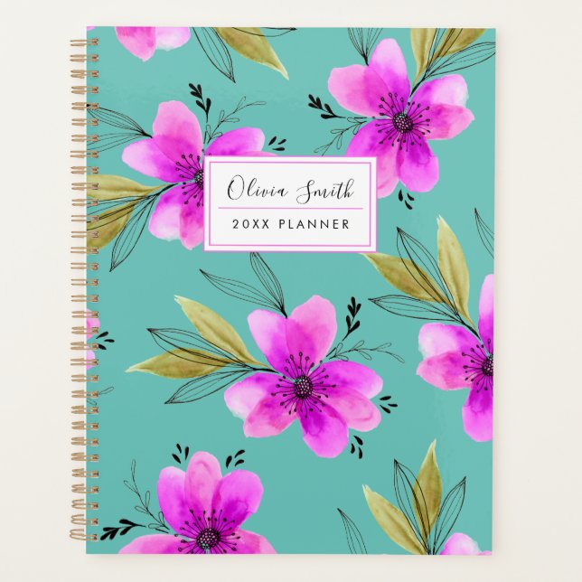 Agenda Floral acuática rosa y turquesa (Anverso)