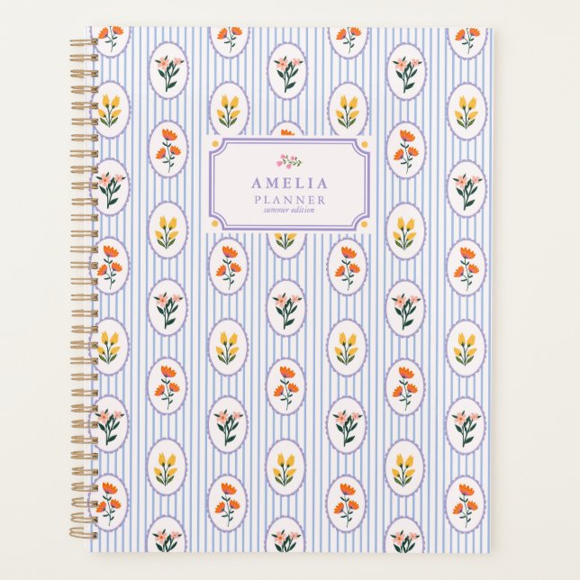 Agenda Floral al estilo de la cabaña, franjas azules (Anverso)