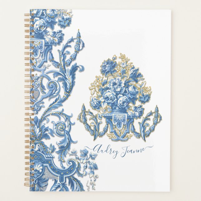 Agenda Floral Azul Blanco Elegante Casa de campo inglesa (Anverso)