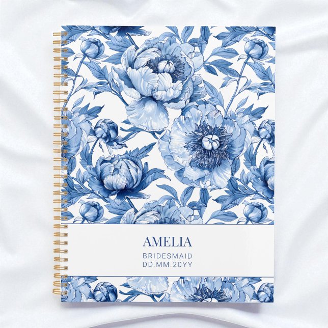 Agenda Floral Azul Chinoiserie Floral Vestido de Dama de  (Floral Blue Chinoiserie Flower Custom Bridesmaid Planner)