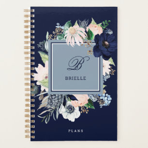 Agenda Floral azul marino y rosa Nombre y monograma