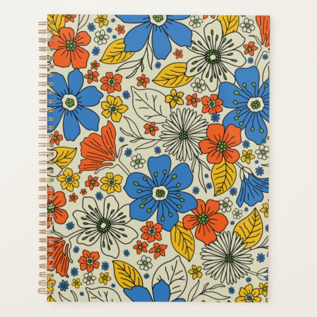 Agenda Floral azul retro, amarillo y Naranja (Anverso)