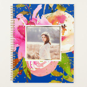Agenda Floral azul vibrante y foto de confetti