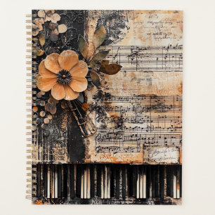 Agenda Floral con claves de piano rústicas y hoja de músi