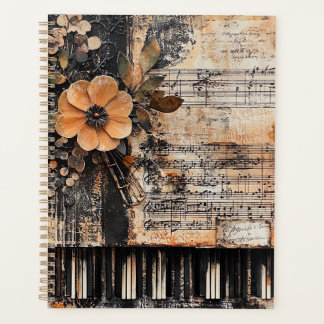Agenda Floral con claves de piano rústicas y hoja de músi