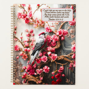 Agenda Floral de cerezo rosa con verso de pájaro y biblia