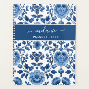 Agenda Floral de Damasco de algodón azul y blanco