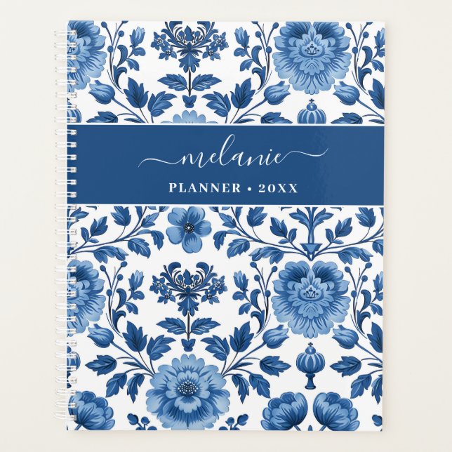 Agenda Floral de Damasco de algodón azul y blanco (Anverso)