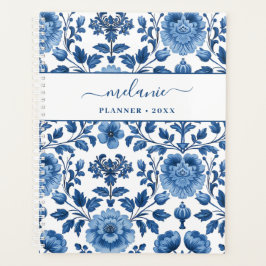 Agenda Floral de Damasco de algodón azul y blanco