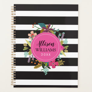 Agenda Floral de franja blanca y negra