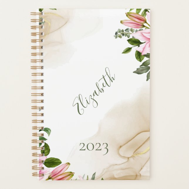Agenda Floral de oro verde rosa personalizada anualmente (Anverso)