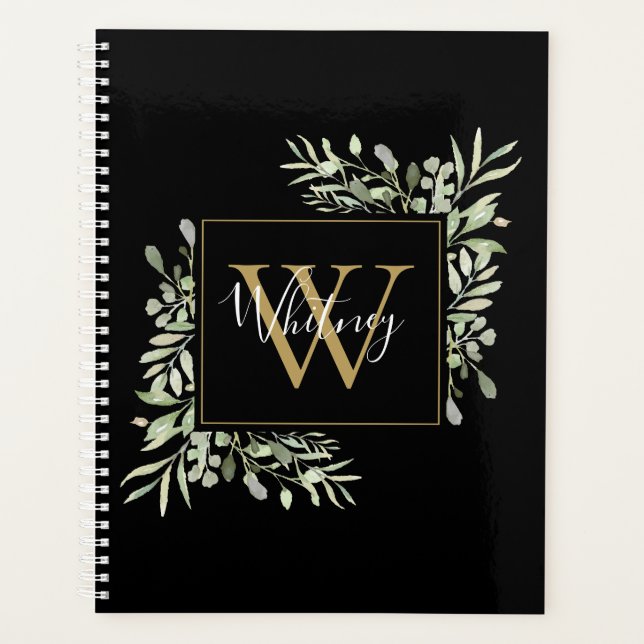 Agenda Floral de verde monograma con guión de oro negro (Anverso)