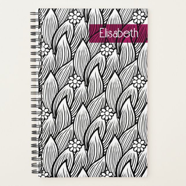 Agenda Floral moderna de margarita hippie blanca y negra (Anverso)