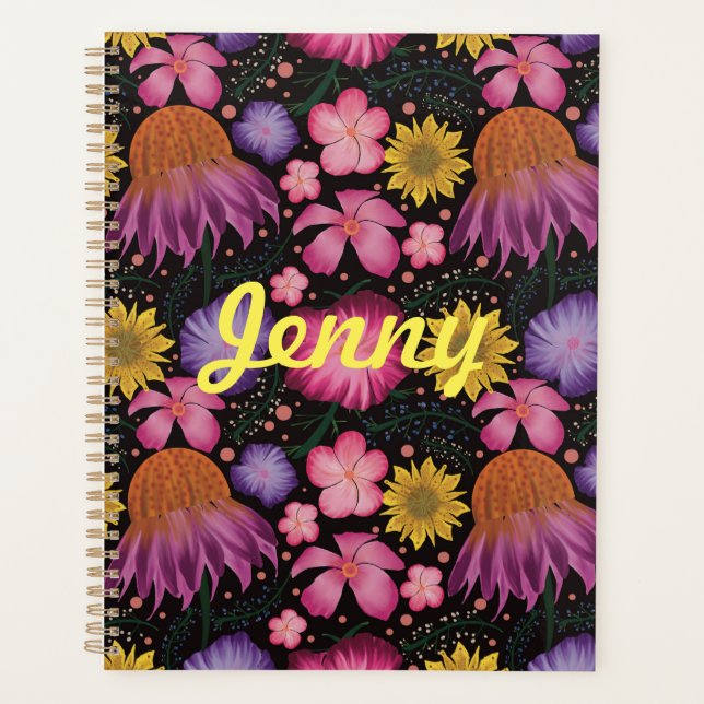 Agenda Floral negra de flores silvestres personalizada (Anverso)