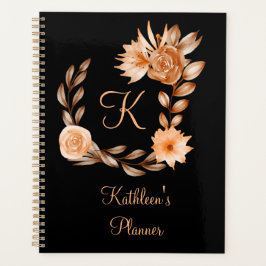 Agenda Floral negro, marrón y melocotón monogramado
