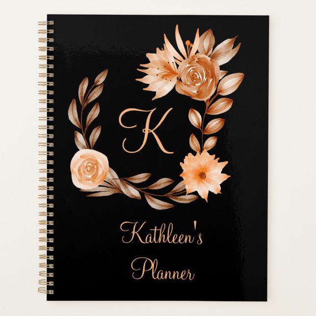 Agenda Floral negro, marrón y melocotón monogramado (Anverso)