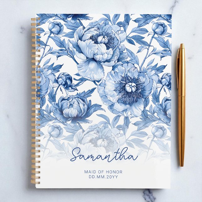 Agenda Floral Patrón de Flor Azul Script Dama de Honor (Floral Blue Flower Pattern Script Maid of Honor Planner)