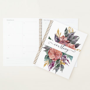 Agenda Floral personalizada con acuarela rosa y púrpura