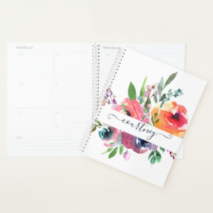 Agenda Floral personalizado de acuarela rosa y naranja