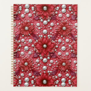 Agenda floral romántica con patrón floral rojo