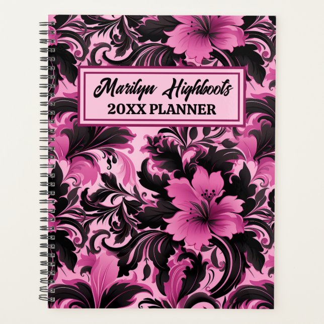 Agenda Floral rosa y negra de Hibiscus (Anverso)