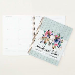 Agenda Floral rústica Cow Skull acuarela Madera Boho Moda