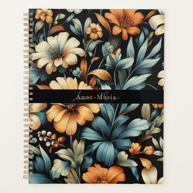 Agenda Floral rústica vintage elegante negro (Anverso)