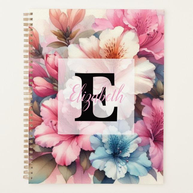 Agenda Floral watercolor monogram pink blue azaleas  (Anverso)