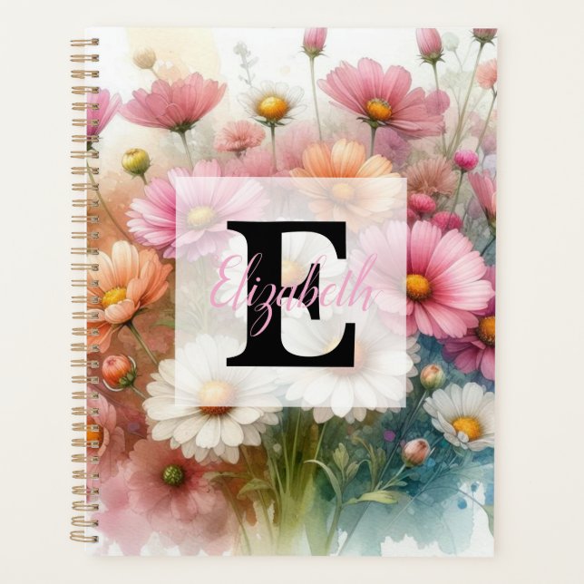 Agenda Floral watercolor monogram pink daisies flowers  (Anverso)