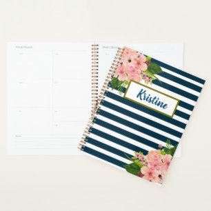 Agenda Florales clásicos con franjas azules y blancas rea