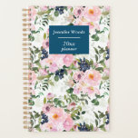 Agenda Florales de época en Rubor y la Marina personaliza<br><div class="desc">Patrón floral de color de agua romántico vintage en rosa y azul marino,  personalizado con tu nombre.</div>