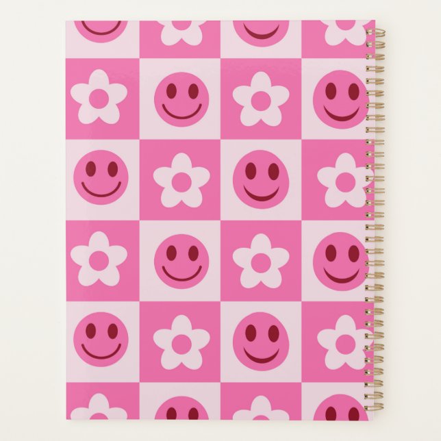 Agenda Flores a cuadros y caras felices rosa  (Reverso)