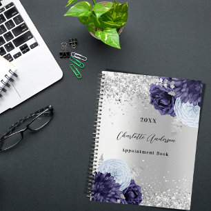 Agenda Flores azul marino plateado elegante glamuroso 202