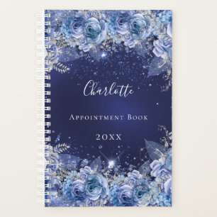 Agenda Flores azules nombre purpurina elegante