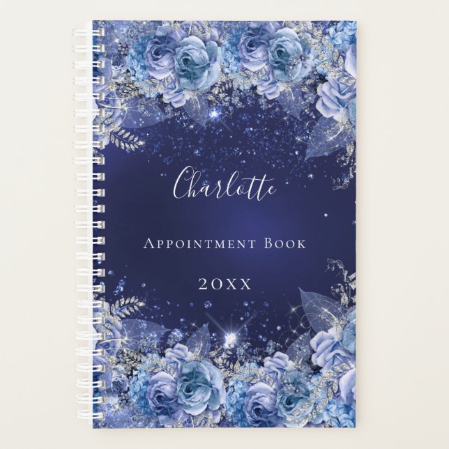 Agenda Flores azules nombre purpurina elegante (Anverso)